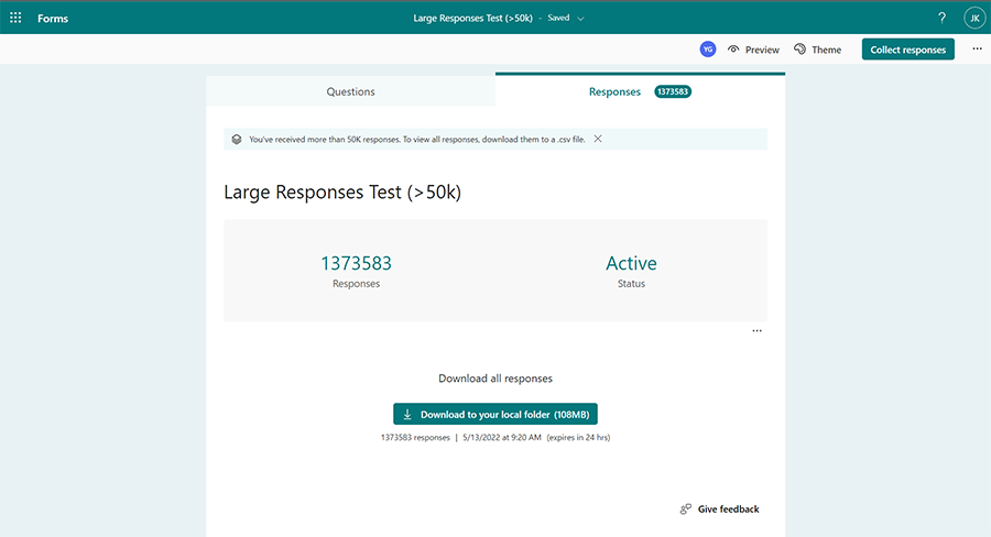 Büyük bir yanıt testi gösteren Microsoft Forms uygulamasının ekran görüntüsü (maksimum yanıt 50.000'in üzerinde).