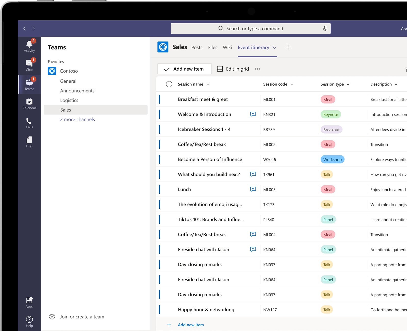 A list of sessions for an event, including details about each session, shown within Microsoft Teams.