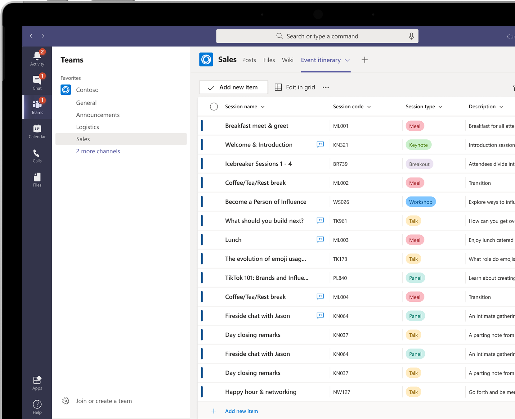 A list of sessions for an event, including details about each session, shown within Microsoft Teams. A list of sessions for an event, including details about each session, shown within Microsoft Teams.