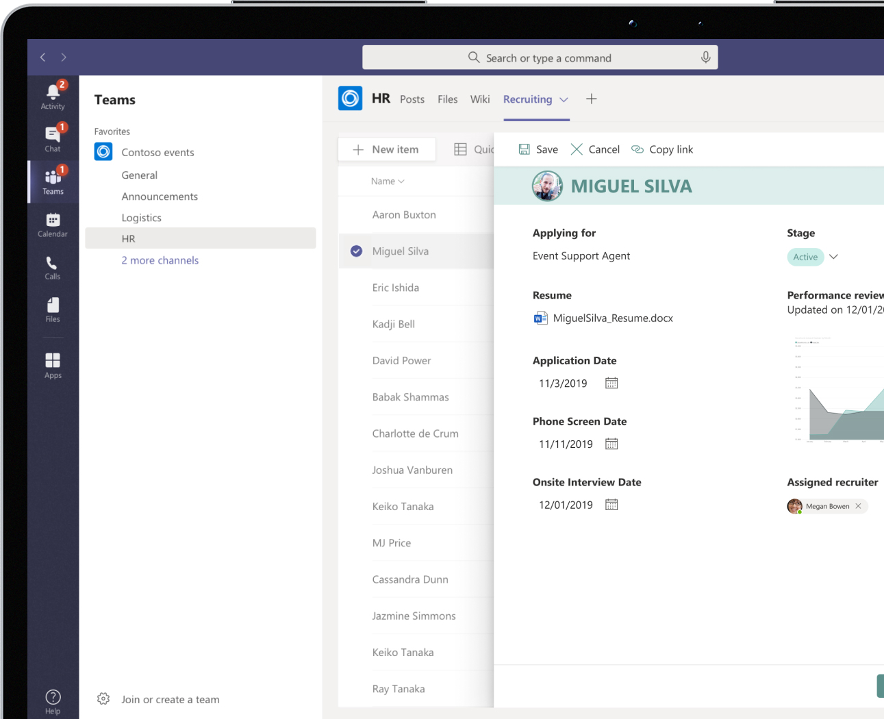An applicant’s information shown on an HR recruiting list within Microsoft Teams