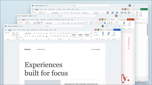 Word, Excel, and PowerPoint displayed with visual updates in ribbon and rounded corners to match Windows 11 user interface.