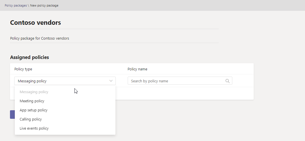 Screenshot of adding a new custom policy package