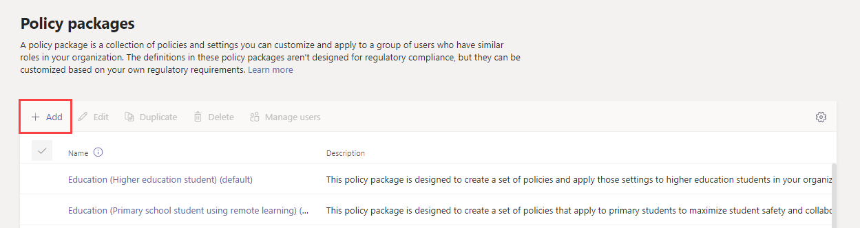 Screenshot of Add button on Policy packages page in the admin center